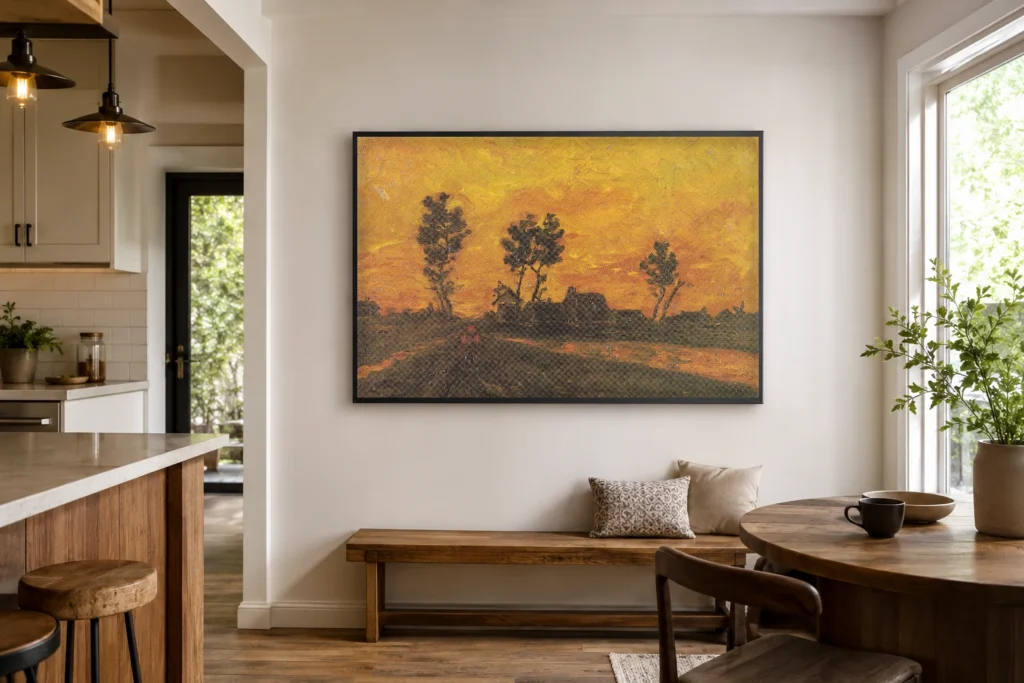 Landslag í sólsetri, handmáluð Van Gogh olíumynd (eftirmynd) í ramma á vegg björtu nútímalegu stofu