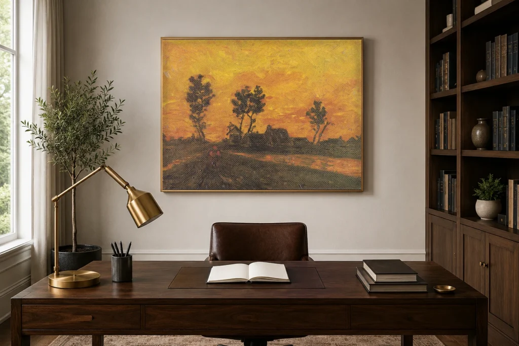 Landslag við sólsetur, handmáluð Van Gogh olíumynd endurgerð í ramma á vegg í vandaðri heimaskrifstofu