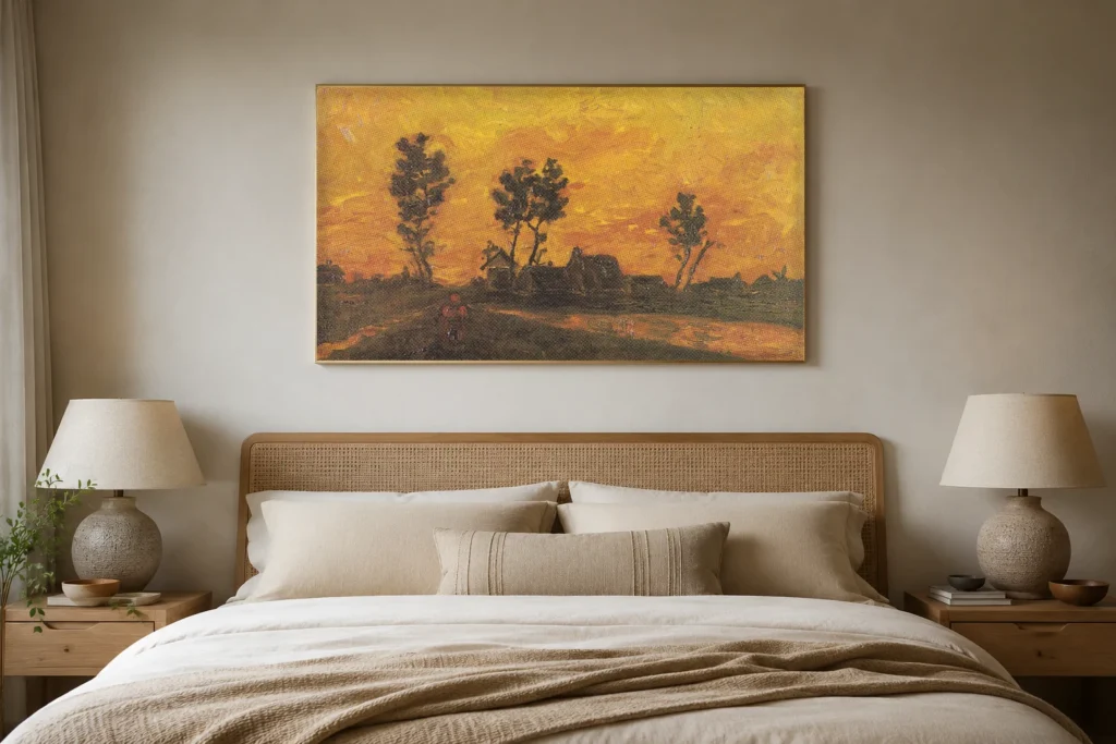 Landslag í sólsetri, handmáluð Van Gogh olíumynd (eftirmynd) í ramma á vegg glæsilegs borðstofu
