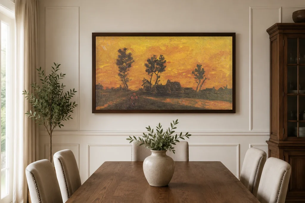 Landslag við sólsetur, handmáluð Van Gogh olíumynd endurgerð í ramma á vegg í sólríku lofti