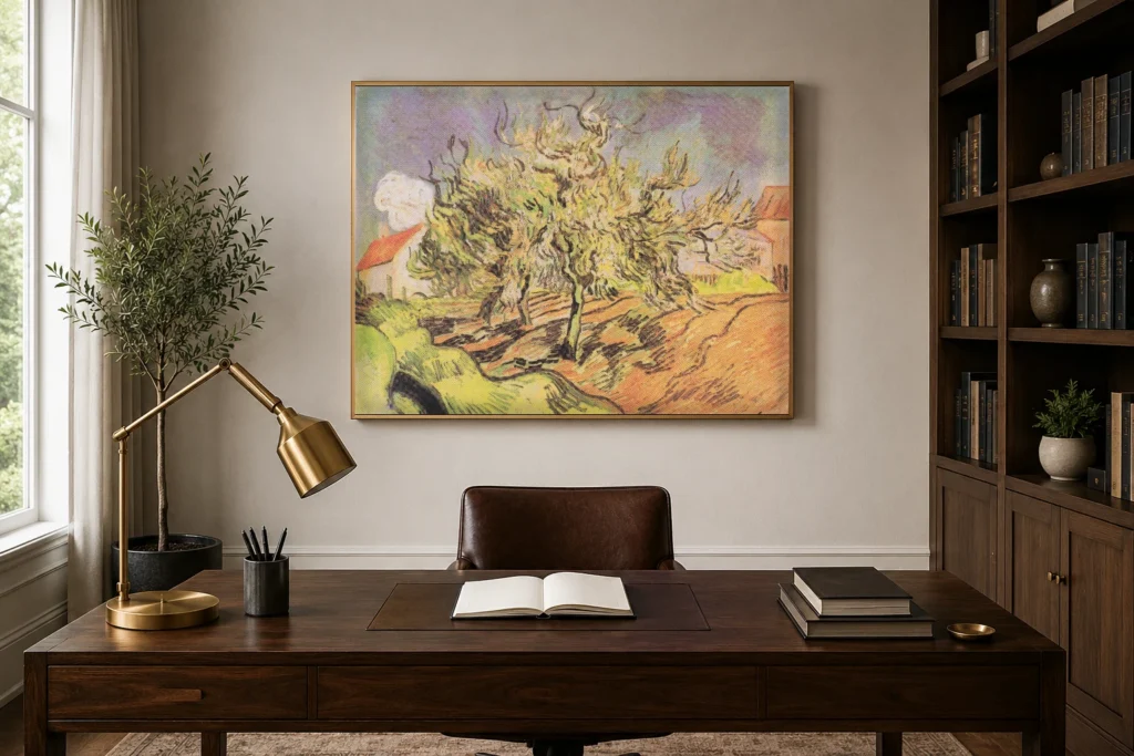 Landslag með þremur trjám og húsum, handmáluð Van Gogh olíumynd, rammaður á vegg í sólríku rísoppuhverfi.
