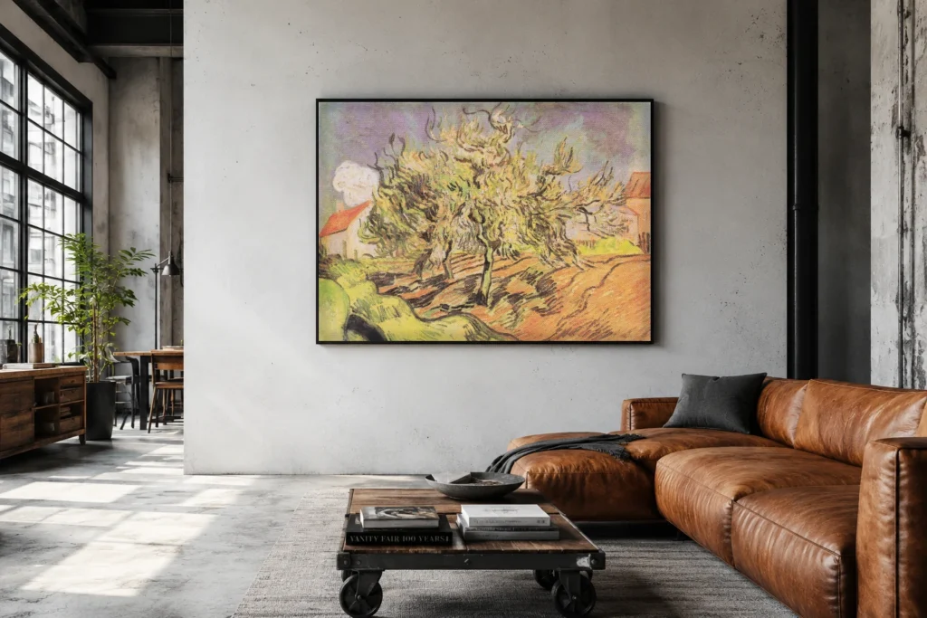 Landslag með þremur trjám og húsum, handmáluð olíumynd eftir Van Gogh, rammaður og uppi á vegg í nútímalegu svefnherbergi í hlutlausum litum
