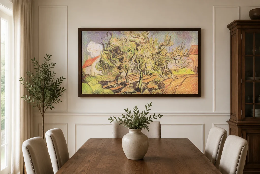 Landslag með þremur trjám og húsum, handmáluð Van Gogh olíumynd, rammaður á vegg í glæsilegri heimaskrifstofu.