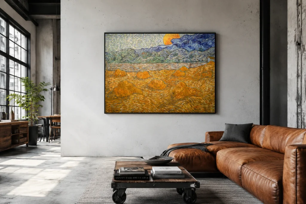Landslag með hvítaböndum og rísandi tungli, handmáluð olíuafrit eftir Van Gogh, rammaður á vegg í nútímalegu svefnherbergi með hlutlausum litum.