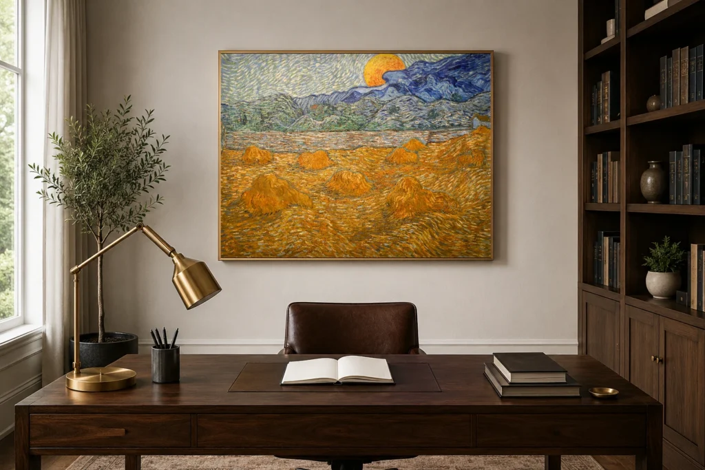 Landslag með hveitiköstum og vaxandi tungli, handmáluð olíuendurgerð eftir Van Gogh, rammaður á vegg bjarts opins eldhúss og borðstofuhorns.
