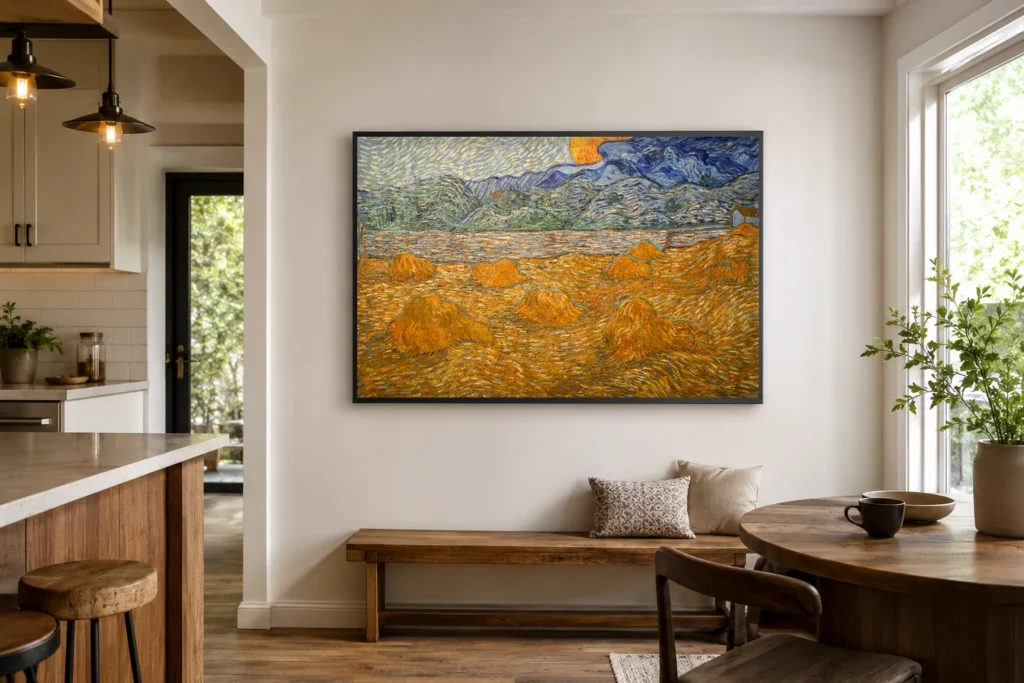 Landslag með hvítaböndum og rísandi tungli, handmáluð olíuafrit eftir Van Gogh, rammaður á vegg í björtu nútímalegu stofu.