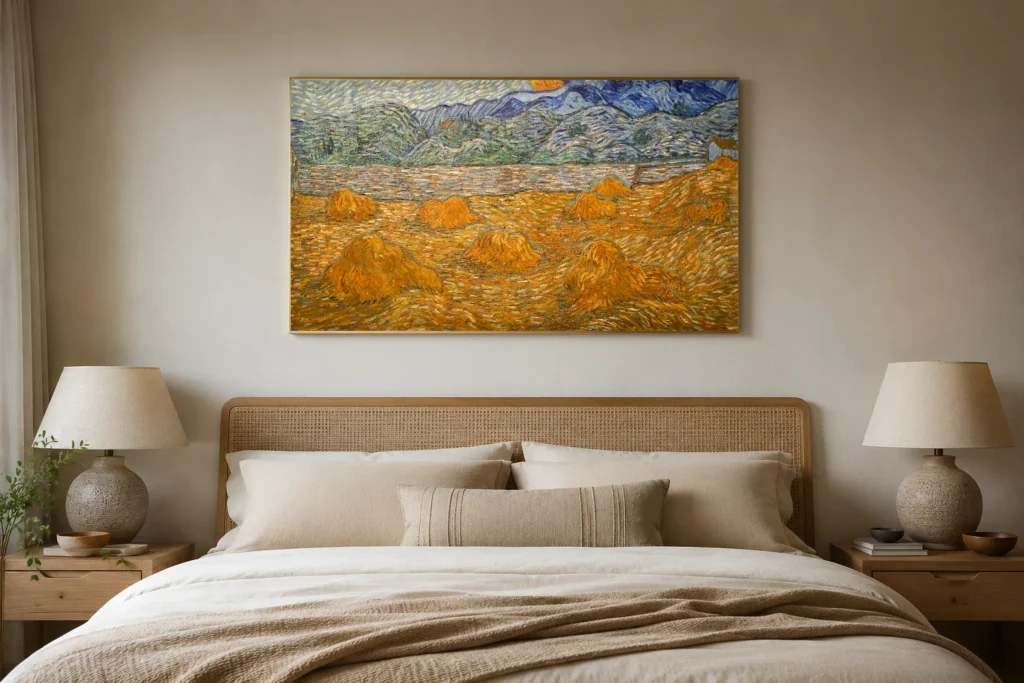 Landslag með hveitiköstum og vaxandi tungli, handmáluð olíuendurgerð eftir Van Gogh, rammaður á vegg vandaðs heimaskrifstofuherbergis.