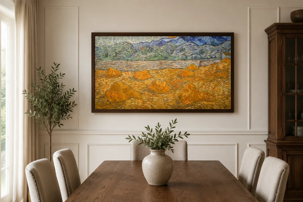 Landslag með hvítaböndum og rísandi tungli, handmáluð olíuafrit eftir Van Gogh, rammaður á vegg í glæsilegu borðstofu.