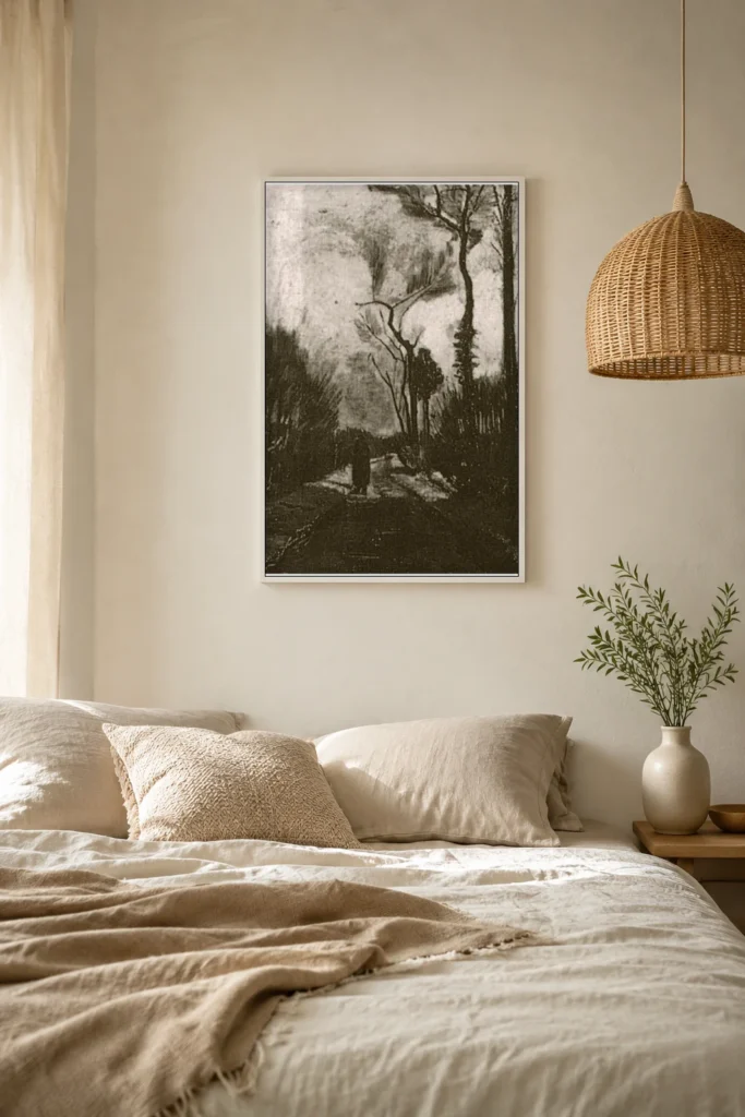 Podzimní cesta, ručně malovaná olejová reprodukce obrazu Vincenta van Gogha, zarámovaná na stěně elegantní šatny.