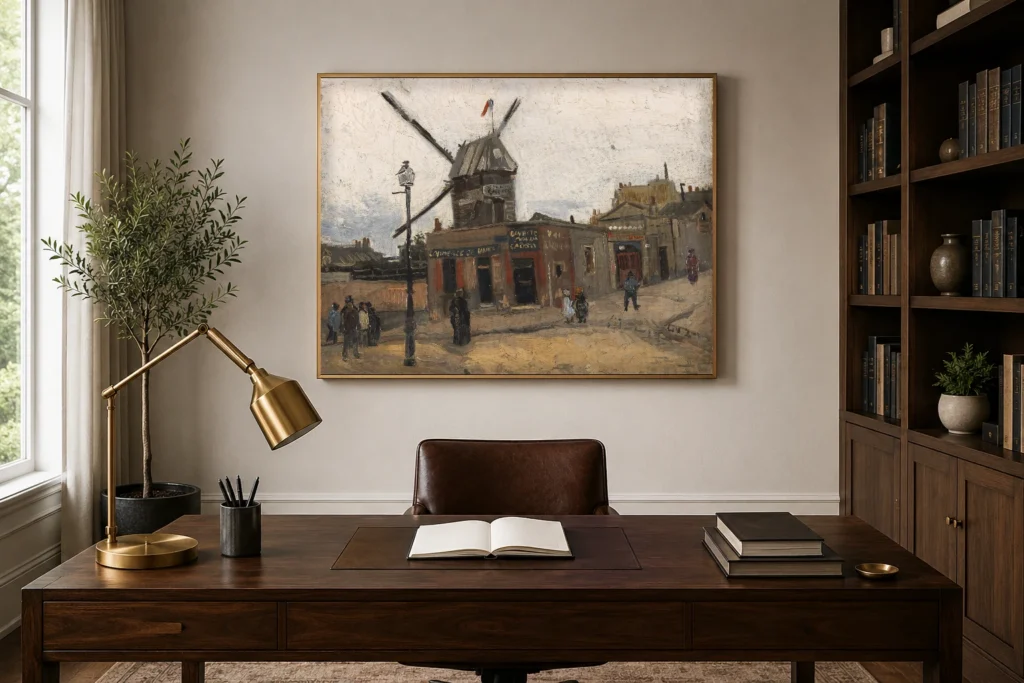 Le Moulin de la Galette, μια ζωγραφισμένη στο χέρι ελαιογραφία-ρεπλίκα του Βαν Γκογκ σε κορνίζα στον τοίχο ενός φωτεινού μοντέρνου σαλονιού