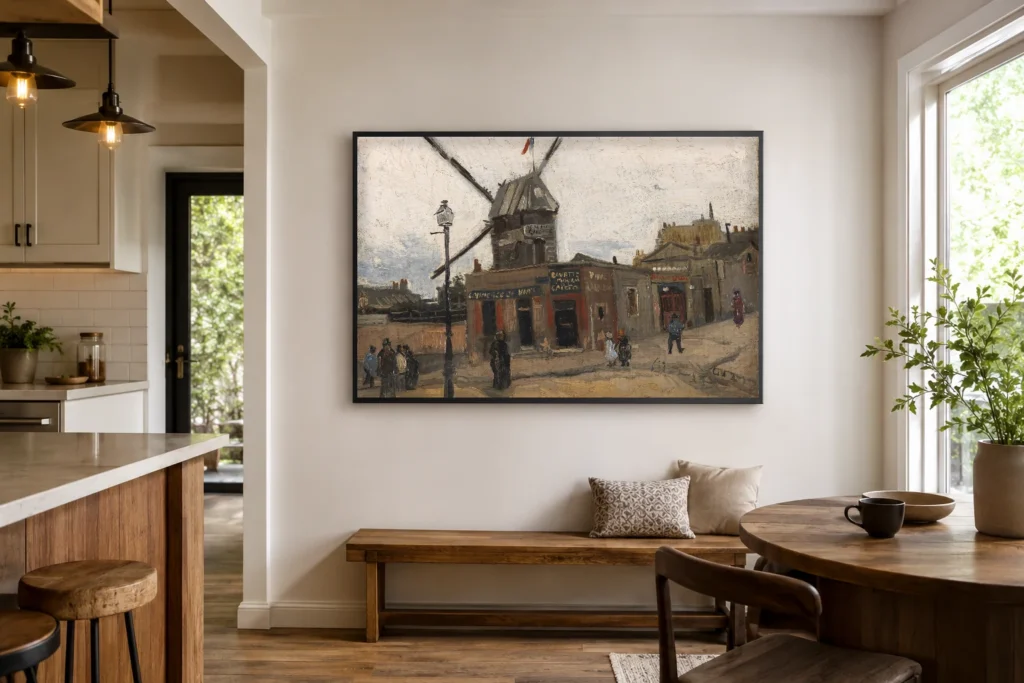 Le Moulin de la Galette, χειροποίητη αναπαραγωγή ελαιογραφίας του Βαν Γκογκ με κορνίζα, σε τοίχο εκλεπτυσμένου γραφείου στο σπίτι.