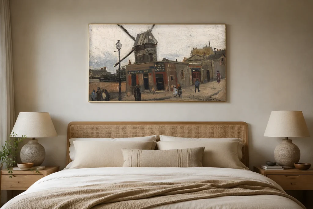 Le Moulin de la Galette, μια ζωγραφισμένη στο χέρι ελαιογραφία-ρεπλίκα του Βαν Γκογκ σε κορνίζα στον τοίχο μιας κομψής τραπεζαρίας