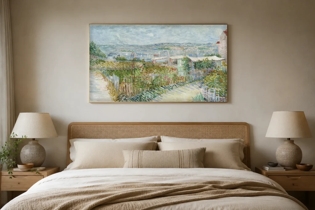 Montmartre: Moulin de la Galetten takana, käsinmaalattu Van Gogh -öljyjäljennös kehystettynä elegantin ruokasalin seinällä