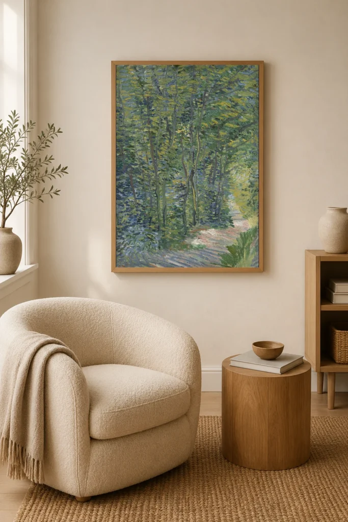 Cesta v lese, ručně malovaná reprodukce Van Gogha v rámu na zdi pokoje butikového hotelu