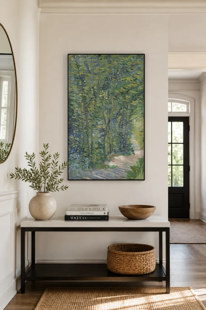 Cesta v lese, ručně malovaná olejová reprodukce obrazu Van Gogha zarámovaná na stěně elegantní šatny