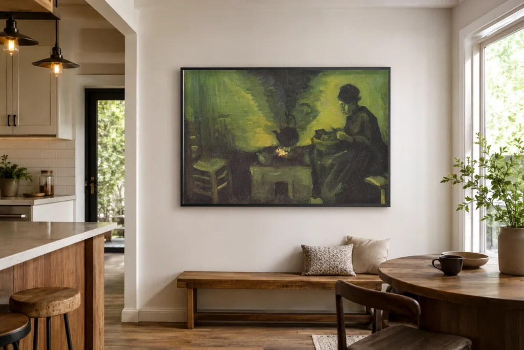 Selská žena u krbu, ručně malovaná olejová reprodukce Van Gogha v rámu na stěně moderní ložnice v neutrálních tónech