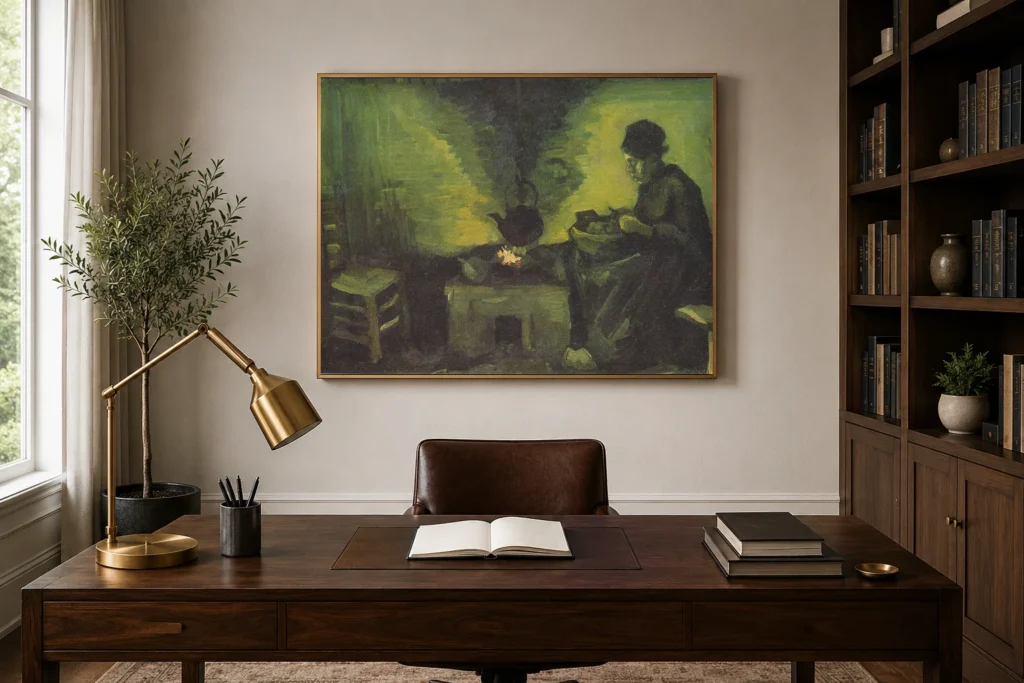 Selka u krbu, ručně malovaná olejová reprodukce obrazu Van Gogha v rámu na zdi světlého moderního obývacího pokoje