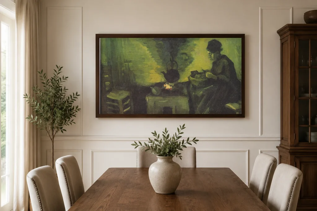 Selská žena u krbu, ručně malovaná olejová reprodukce Van Gogha v rámu na stěně elegantní jídelny