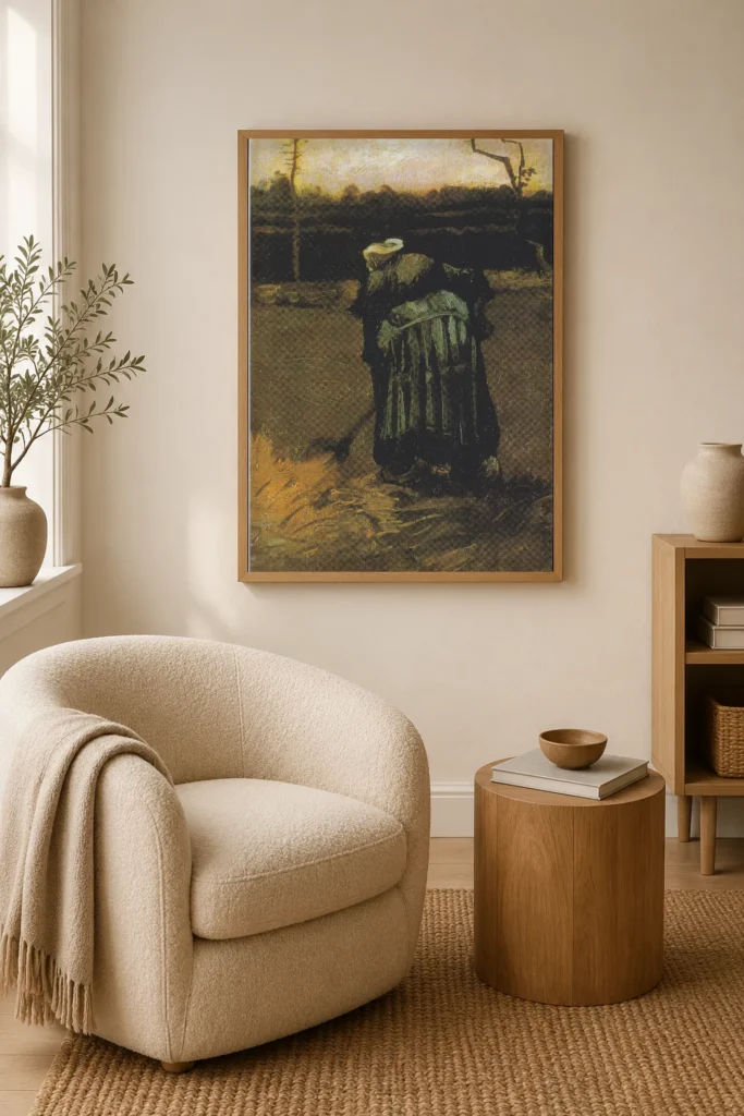 Bóndakona að moka, höndmáluð olíuafrit eftir Van Gogh, rammaður á vegg í rólegu naumhyggju svefnherbergi.