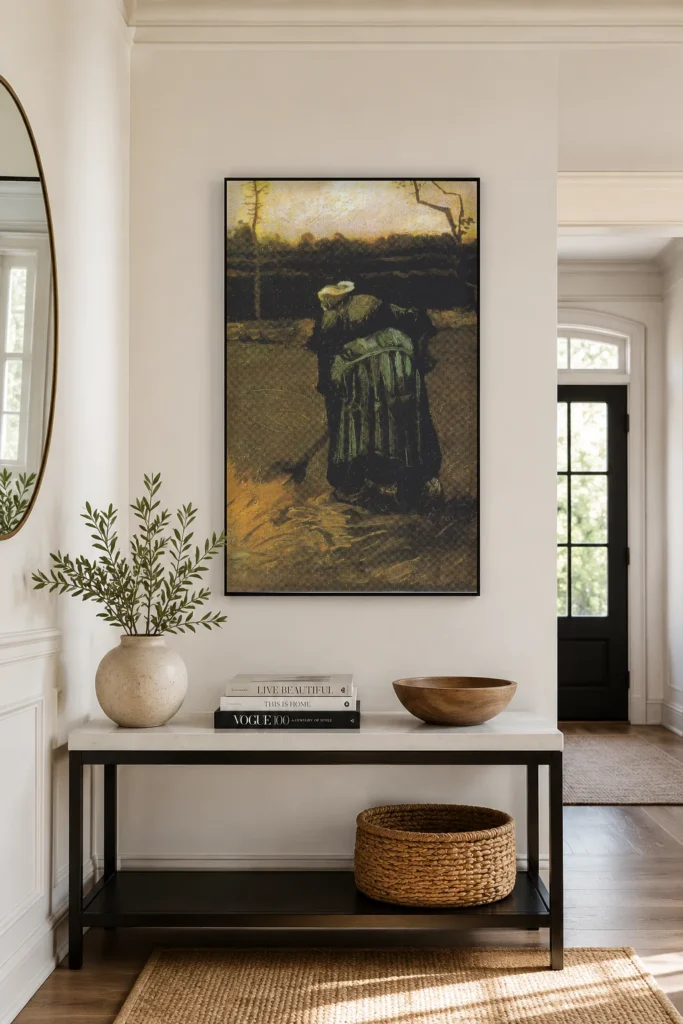 Bóndakona að grafa, höndmáluð olíumynd eftir Van Gogh, rammaður á vegg svítu á boutique hóteli
