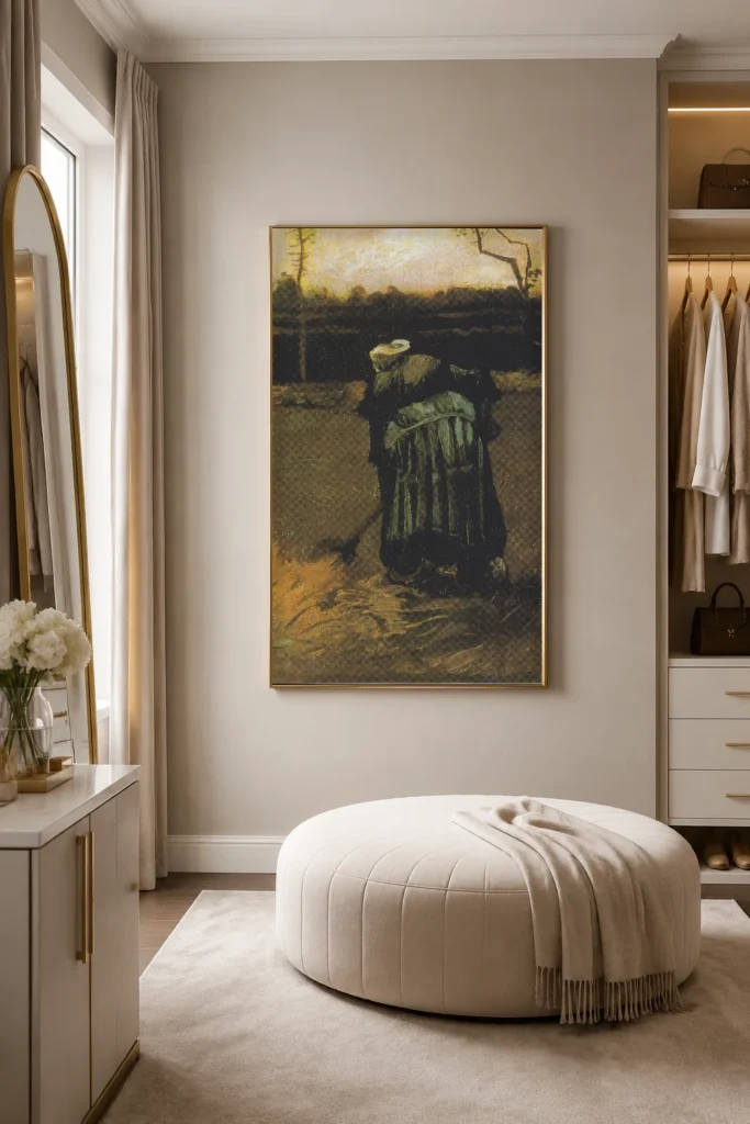 Bóndakona að moka, höndmáluð olíuafrit eftir Van Gogh, rammaður á vegg í björtu fordyri.