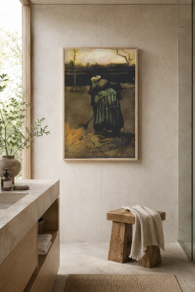 Kona að grafa, handmáluð Van Gogh olíuendurgerð í ramma á vegg í rólegu baðherbergi í heilsulindarstíl