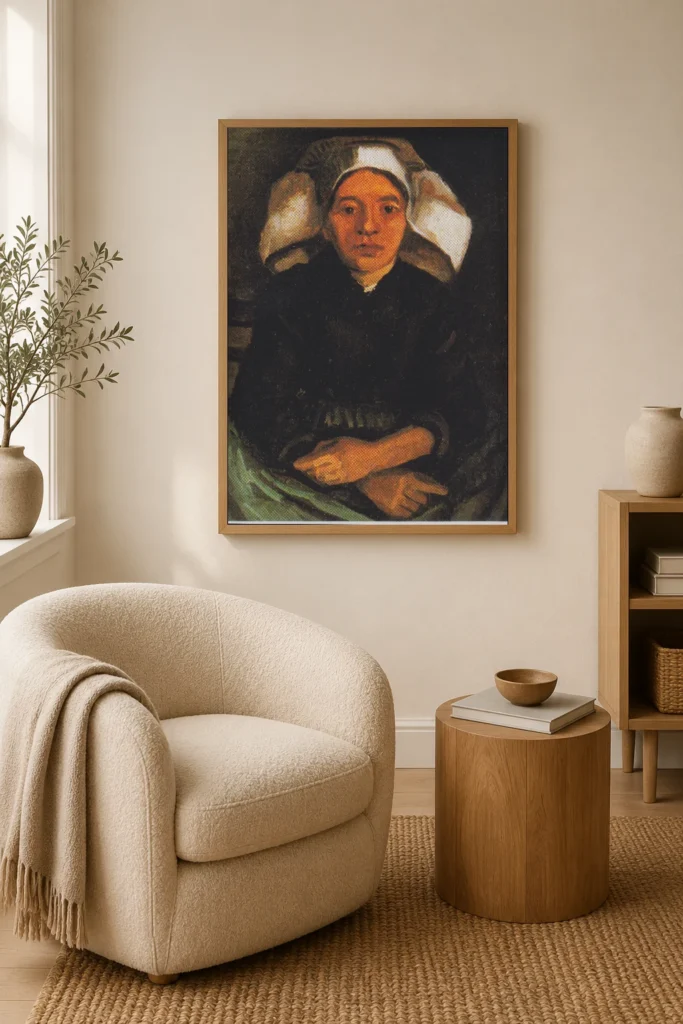 Selka, polopostava vsedě, ručně malovaná olejová reprodukce obrazu Vincenta van Gogha zarámovaná na stěně apartmá butikového hotelu