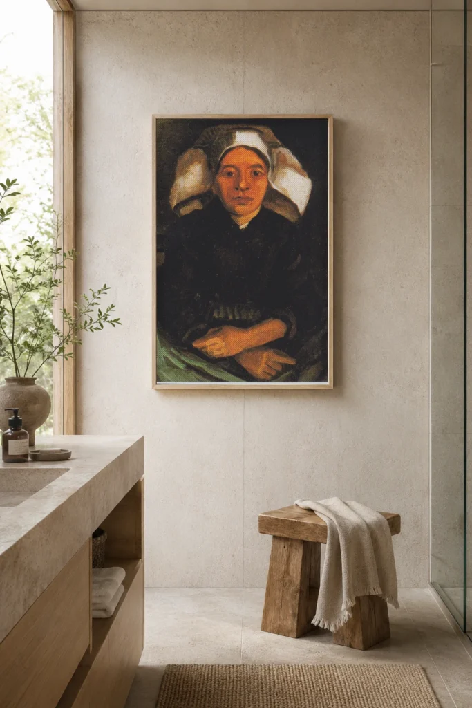 Reprodukce obrazu Selka, polopostava vsedě od Van Gogha, ručně malovaná olejomalba na plátně, zarámovaná na stěně světlé chodby u vchodu.