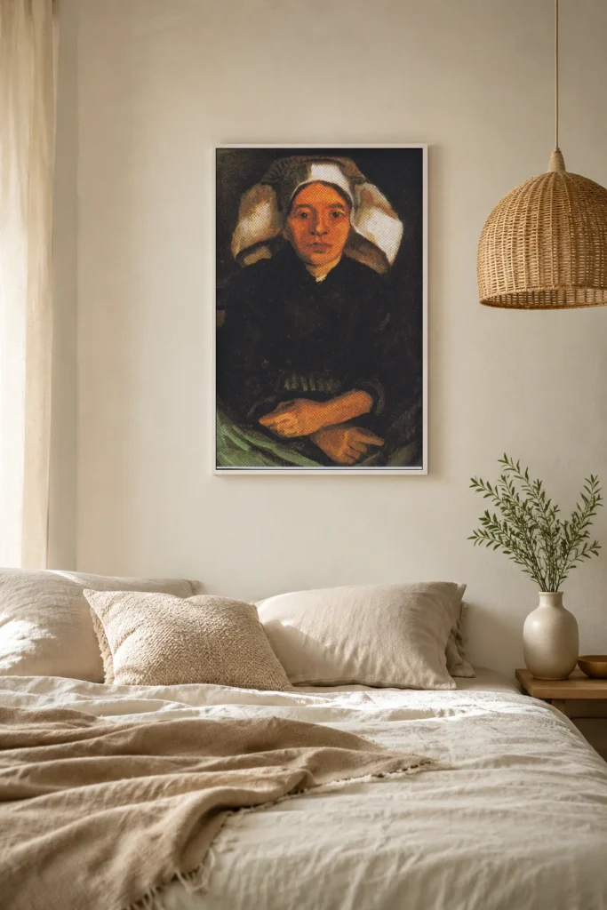 Selka v polopostavě sedící, ručně malovaná olejová reprodukce Van Gogha zarámovaná na stěně klidné koupelny ve stylu lázní
