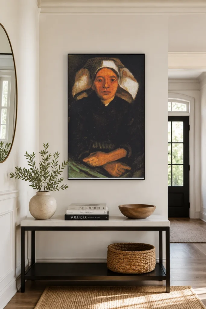 Rolnice, polopostava sedící, ručně malovaná olejová reprodukce obrazu od Van Gogha, zarámovaná na stěně v šik šatně.