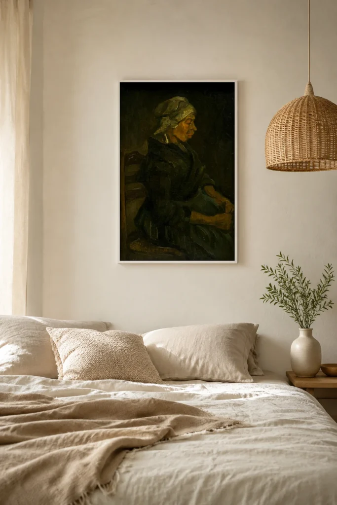 Talonpoikaisnainen istumassa valkoinen myssy päässä, käsin maalattu Van Gogh -öljyjäljennös kehystettynä tyylikkään pukeutumishuoneen seinällä.
