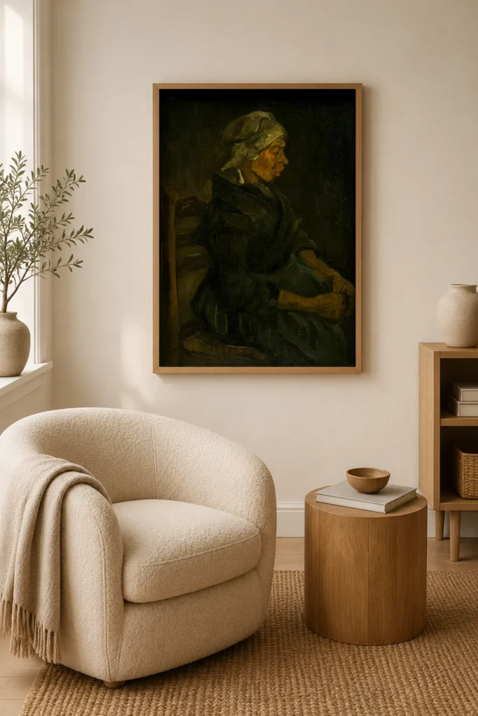Talonpoikaisnainen istumassa valkoinen myssy päässä, käsin maalattu Van Gogh -öljyjäljennös kehystettynä rauhallisen minimalistisen makuuhuoneen seinällä.