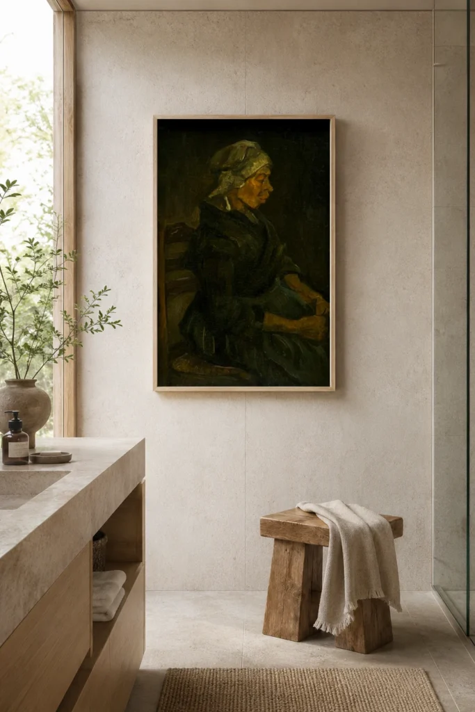 Talonpoikaisnainen istumassa valkoinen myssy päässä, käsin maalattu Van Gogh -öljyjäljennös kehystettynä seinällä boutique-hotellin sviitissä