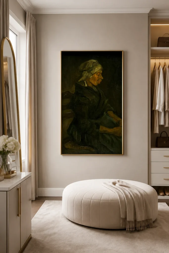 Talonpoikaisnainen istumassa valkoinen myssy päässä, käsin maalattu Van Gogh -öljyjäljennös kehystettynä valoisan eteiskäytävän seinällä.