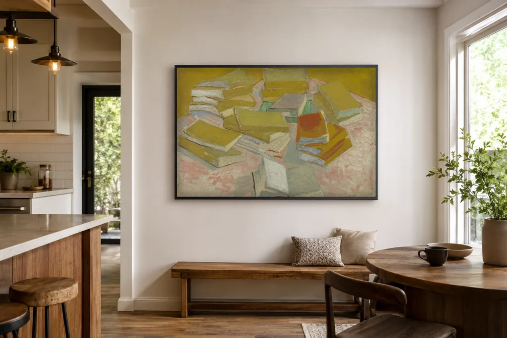 Bunkar af frönskum skáldsögum, handmáluð Van Gogh olíuafrit í ramma á vegg í fáguðu heimaskrifstofu