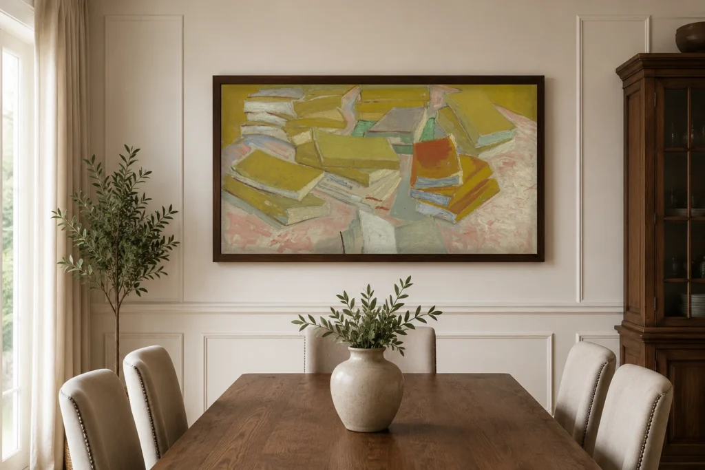 Bunkar af frönskum skáldsögum, handmáluð Van Gogh olíuafrit í ramma á vegg í sólríku lofti