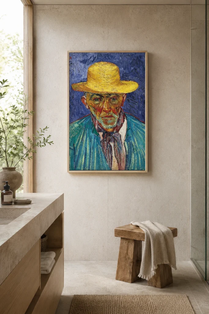 Πορτρέτο ενός χωρικού (Patience Escalier), μια χειροποίητη λάδι αναπαράσταση του Βαν Γκογκ σε κορνίζα στον τοίχο ενός ήρεμου μπάνιου τύπου σπα