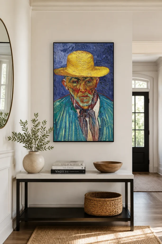 Πορτρέτο ενός χωρικού (Patience Escalier), μια χειροποίητη ρέπλικα λαδομπογιάς του Βαν Γκογκ σε κορνίζα στον τοίχο ενός ζεστού σκανδιναβικού σαλονιού