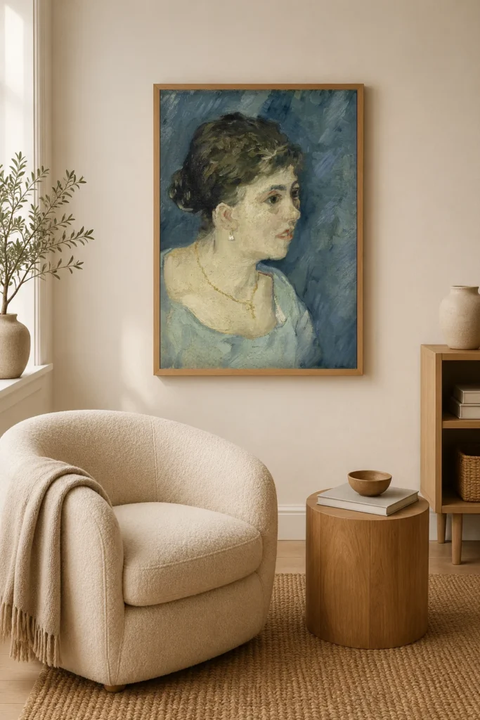 صورة امرأة فلاحة (دراسة)، نسخة زيتية مرسومة يدويًا من لوحة فان جوخ مؤطرة على جدار غرفة نوم بسيطة وهادئة