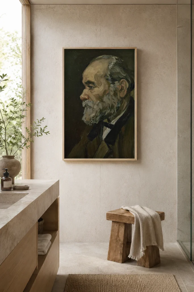 صورة رجل عجوز، نسخة زيتية مرسومة يدويًا من لوحة فان جوخ مؤطرة على جدار غرفة نوم minimalist هادئة