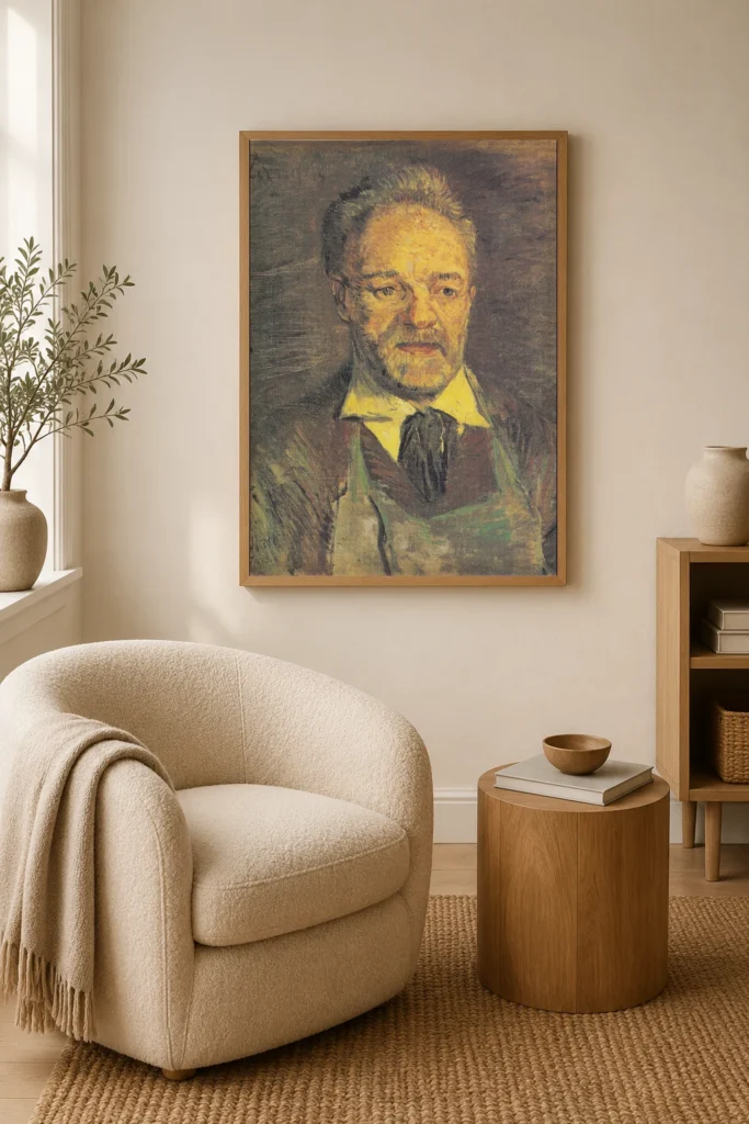 Julien Tanguyn muotokuva, käsin maalattu Van Goghin öljyjäljennös kehyksissä lämpimän skandinaavisen olohuoneen seinällä.