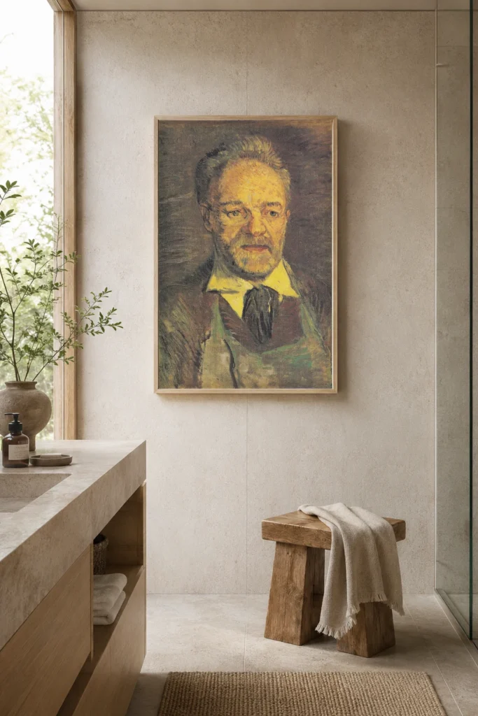 Julien Tanguyn muotokuva, käsin maalattu Van Gogh -öljyjäljennös kehystettynä rauhallisen minimalistisen makuuhuoneen seinällä