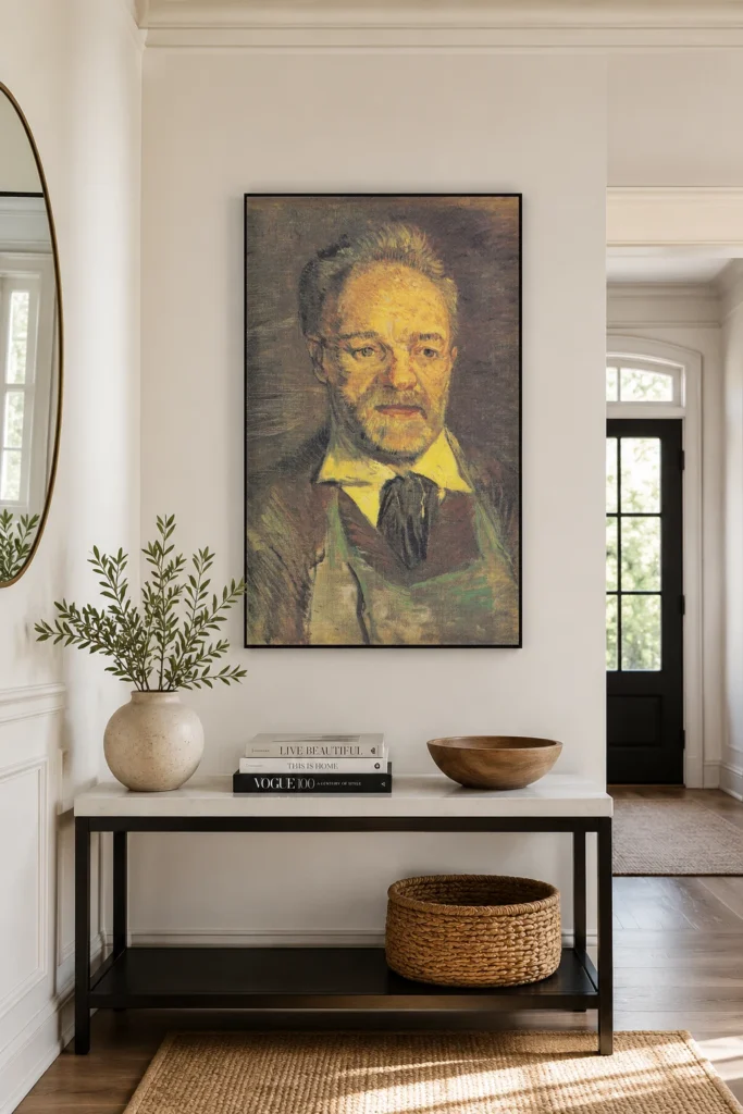 Julien Tanguyn muotokuva, käsin maalattu Van Gogh -öljyjäljennös kehystettynä valoisan eteiskäytävän seinällä