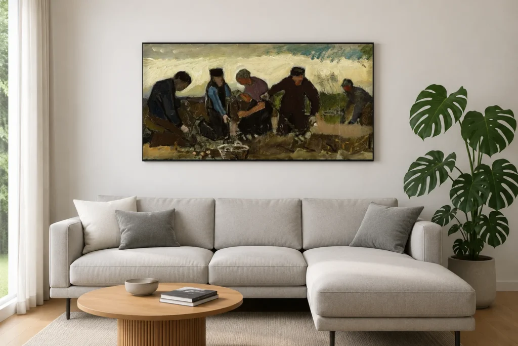 حصاد البطاطس (خمسة أشكال)، نسخة زيتية مرسومة يدويًا من أعمال فان جوخ مؤطرة على جدار ركن مطبخ وغرفة طعام مفتوح ومشرق