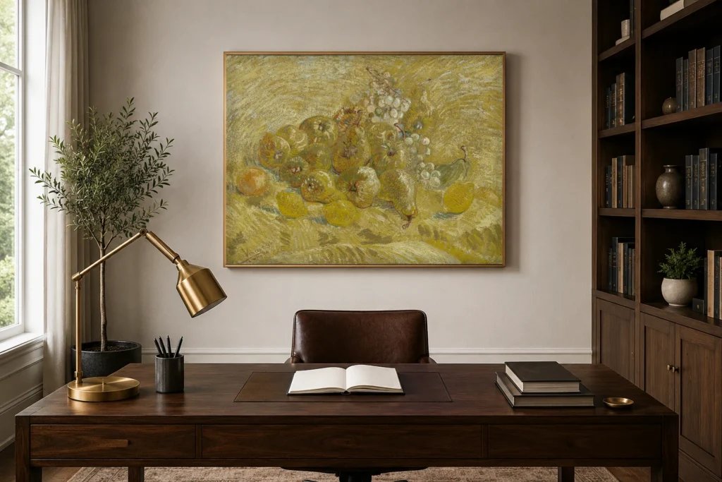 Kvitteneitä, sitruunoita, päärynöitä ja viinirypäleitä, käsinmaalattu Van Gogh -öljyjäljennös kehystettynä tyylikkään kotitoimiston seinällä