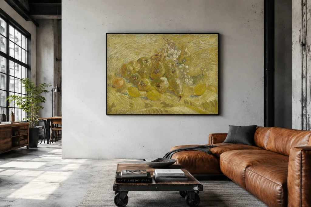 Kvittenit, sitruunat, päärynät ja viinirypäleet, käsin maalattu Van Gogh -öljyjäljennös kehystettynä tyylikkään ruokailuhuoneen seinällä