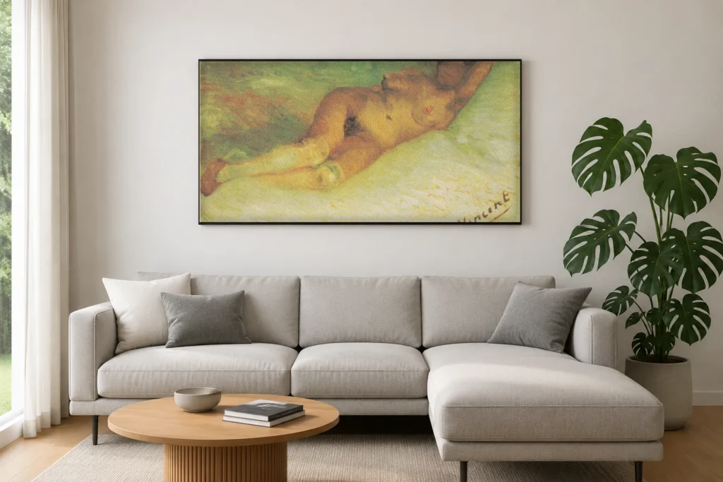 Liggende akt, en håndmalt Van Gogh olje reproduksjon innrammet på veggen i en elegant spisestue.