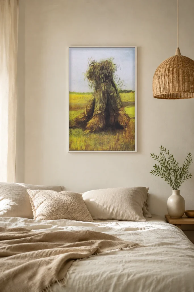 Snopy pšenice na poli, ručně malovaná olejová reprodukce Van Gogha zarámovaná na stěně klidné minimalistické ložnice