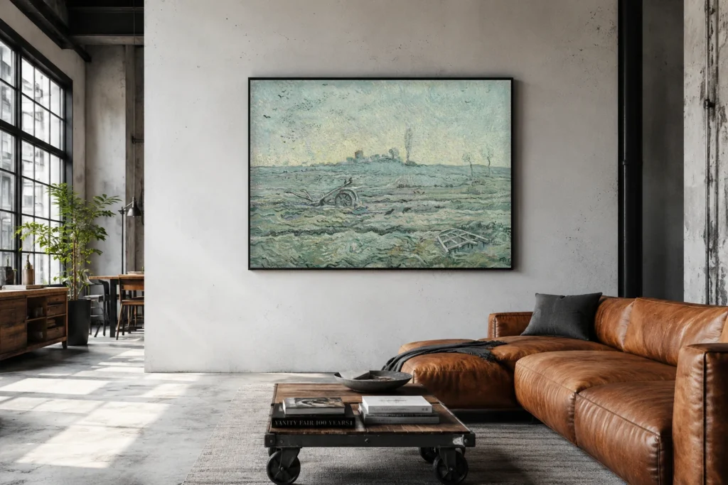 Snævi þakinn akur með herfi (eftir Millet), handmáluð olíuafrit af Van Gogh verki, innrömmuð á vegg í vönduðu heimaskrifstofu.