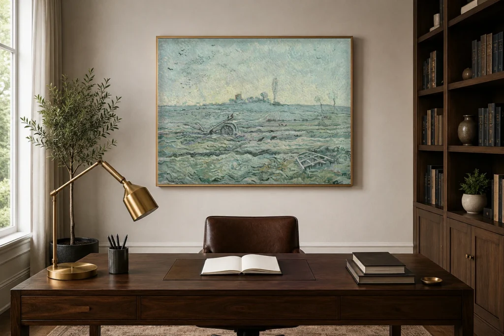 Snjóþakinn akur með herfi (eftir Millet), handmáluð olíumynd eftir Van Gogh í ramma á vegg í glæsilegri borðstofu